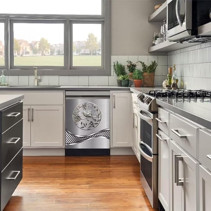 Stainless Steel Design Bird Wallpaper Dishwasher Magnet Panel Magnetic Refrigerator Cover, 23W x 17H inchs