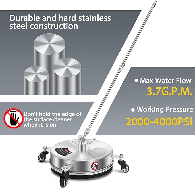 Dalmbox 14" Pressure Washer Surface Cleaner with 4 Wheels, 1/4" Quick Plug, Stainless Steel Housing, 4000 PSI, Pressure Washer Surface Cleaner Attachment for Patio, Courtyard, Concrete, Sidewalks