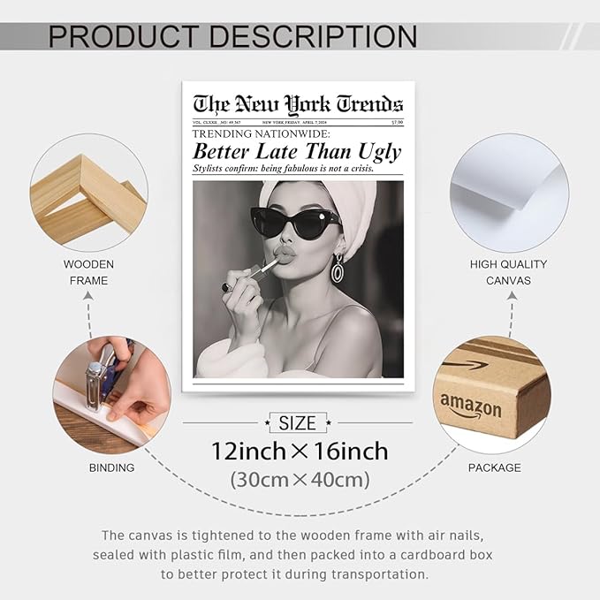 FuSatisYilife Trendy Newspaper Framed Posters Better Late Than Ugly Wall Art