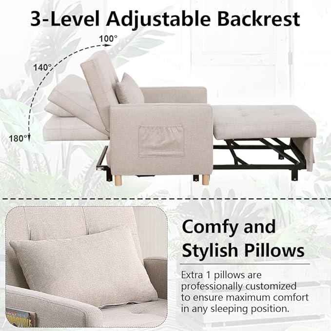 Convertible Sleeper Chair,Pull-Out Sofa Bed with Adjustable Backrest, Multi-Functional Lounge Chair for Living Room, Space-Saving Modern Accent Furniture (Beige)