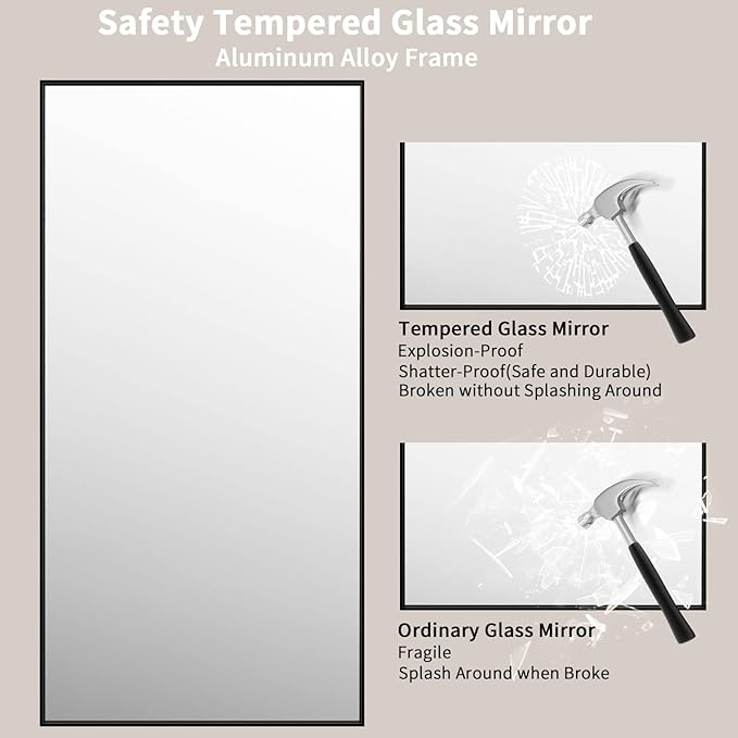 LOAAO 72"X36" Black Rectangle Bathroom Mirror Wall, Matte Black Aluminum Alloy