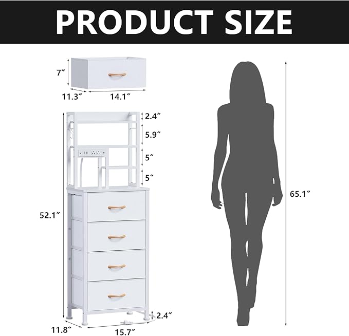 Furnulem Tall Night Stand, 52.1 Inch LED Nightstand with Charging Station and USB Ports, 4 PVC Fabric Drawers and 4 Tier Storage Shelf, Bedside Table for Bedroom, Dorm, Office (White)