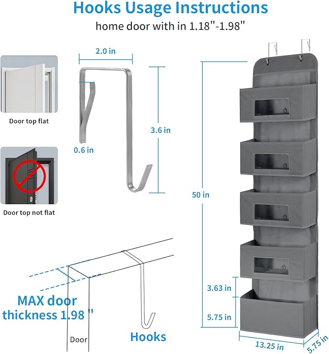 MAX Houser 5-Shelf Over The Door Hanging Organizer with 2 Metal Hooks, 5 Pocket Over The Door Wall Mount Storage with Clear Windows for Baby Nursery Bathroom Closet,Bedroom,Dorm,Diapers,Kids Toy(Gray)