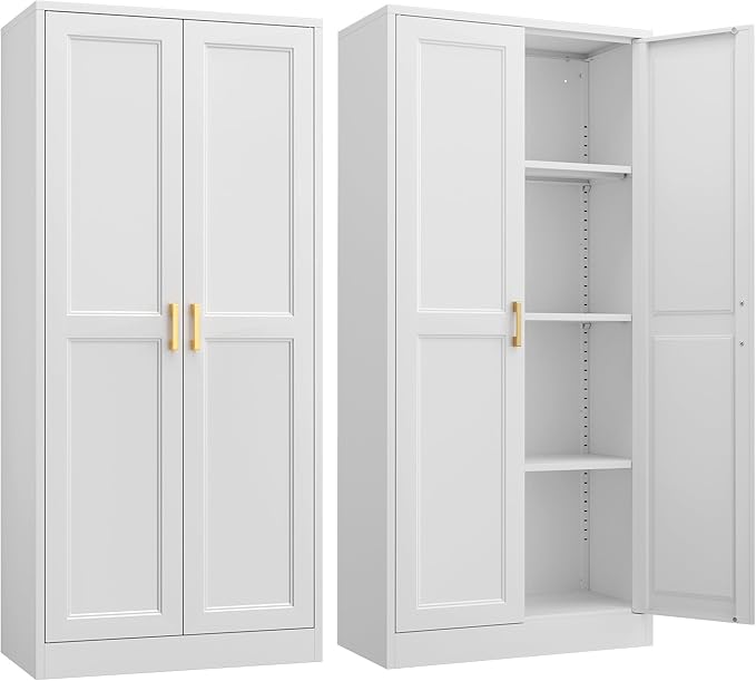 Kitchen Pantry Cabinet,60”White Metal Pantry Storage Cabinet with Doors and 4 Adjustable Shelves,Kitchen Cabinet with 2 Gold Handles,Tall Cabinets for Livingroom, Bathroom