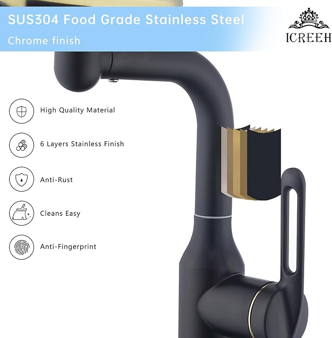 Single Hole Rotatable Bathroom Sink Faucet Black and Gold - 4 Water Modes Multifunctional Faucet with 360° Swivel, Extended Spout & Fountain Mode