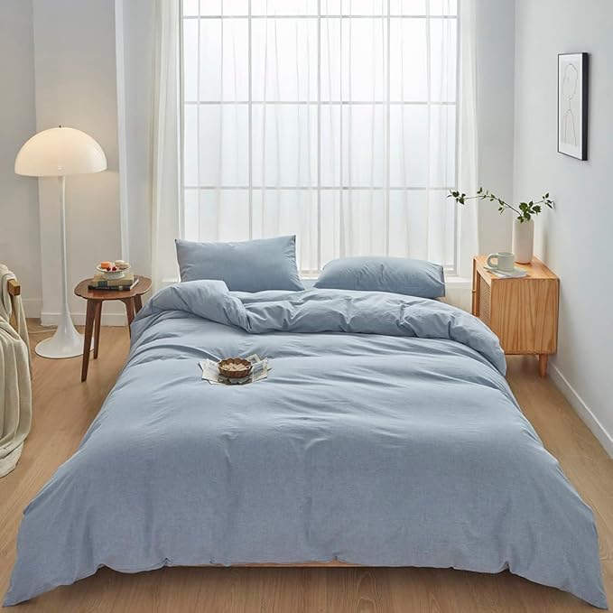 FACE TWO FACE Bedding Duvet Cover Set 3 Pieces 100% Washed Cotton Duvet Cover Linen Like Textured Breathable Durable Soft Comfy (King, Cornflower Blue)