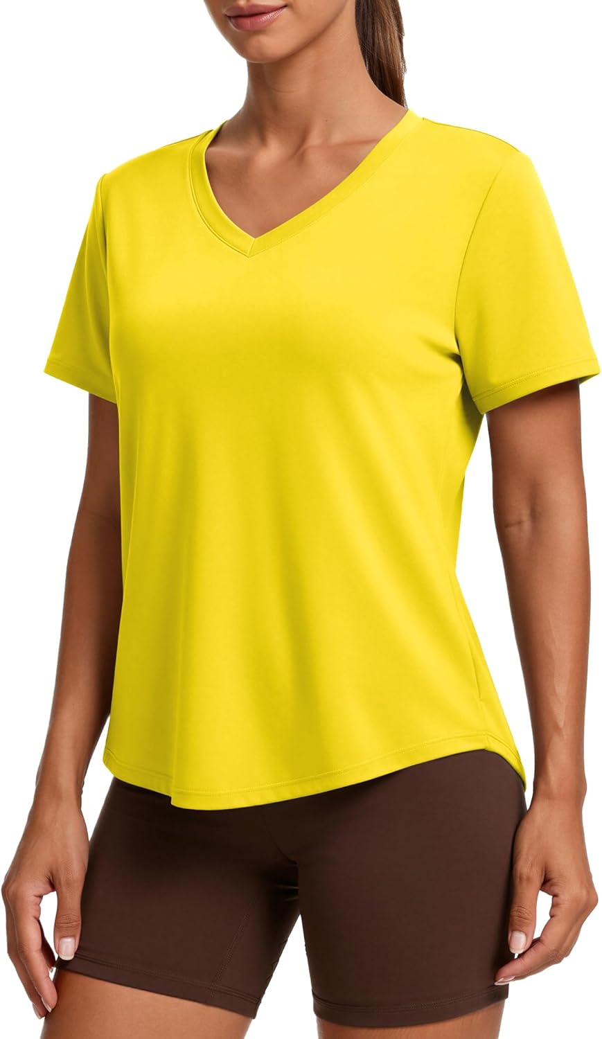 PINSPARK Women's Hiking Shirt - Short Sleeve V-Neck with UPF 50 Sun Protection | Moisture-Wicking, Quick Dry, Yellow, X-Large