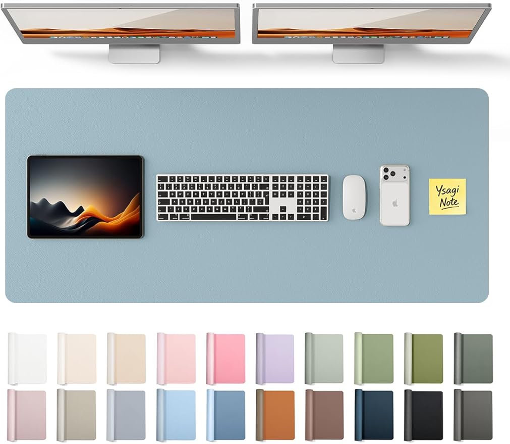 YSAGi Leather Desk Protector, Office Mat, Large Mouse Mat, Non-Slip PU Leather Blotter, Laptop Pad, Waterproof Writing Pad for Office and Home (Ice Blue, 47" x 17")