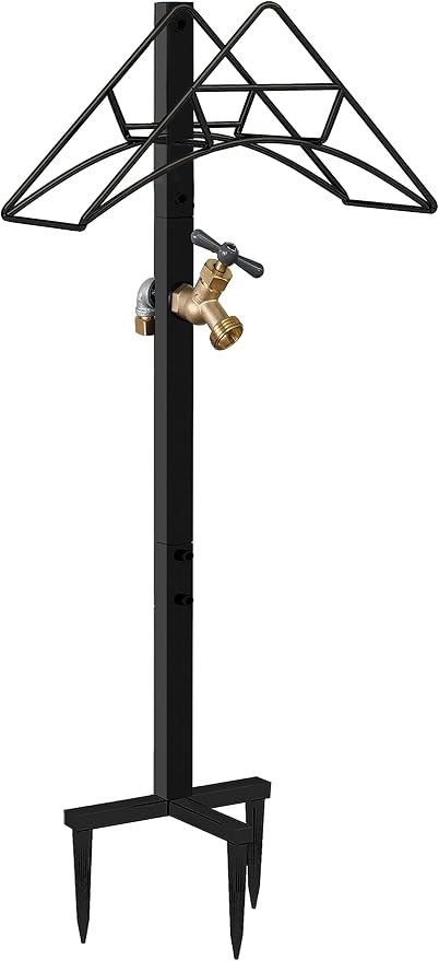 Artigarden Outdoor Hose Holder Stand with Brass Spigot Faucet - Freestanding Metal Water Pipe Extension Hanger Stake Heavy Duty Storage Organizer for Garden Lawn, Backyard