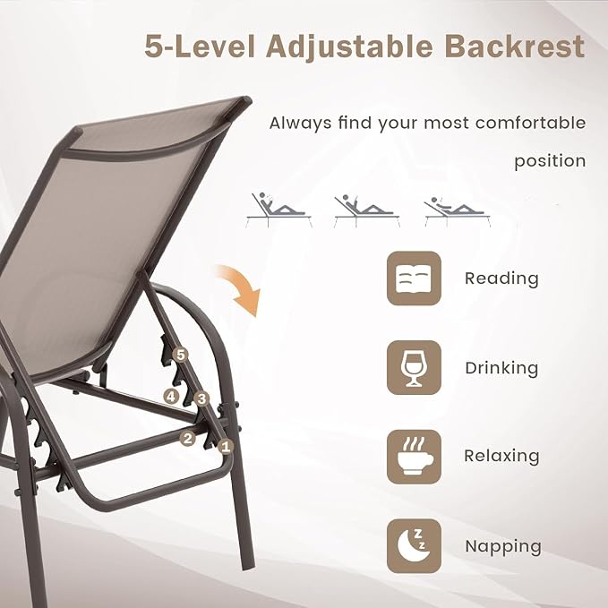 Giantex Patio Lounge Chair, Outdoor Chaise Lounge with 5 Adjustable Backrest, Sturdy Metal Frame, Sunbathing Recliner, Tanning Chairs for Outside, Beach, Yard, Balcony, Poolside, Brown