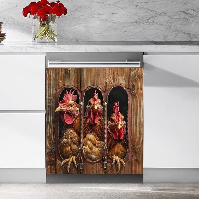Wood Board and Rooster Painting Dishwasher Magnet Cover Sticker Magnetic Refrigerator Panel Sticker Decorative Front Door Decal 23W x 26H inchs