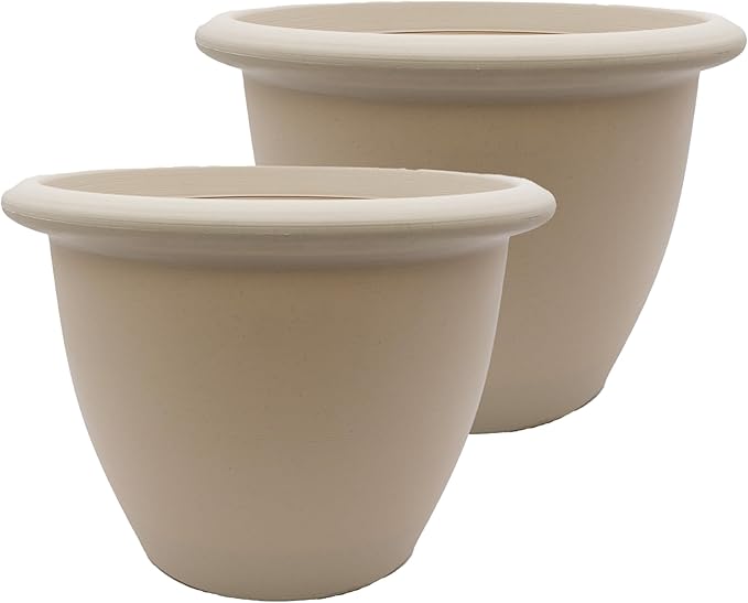 The HC Companies Sevilla Flower Planters - Durable Outdoor & Indoor Planter - Round Lightweight Self Watering Plant Pots for Herbs & More (12" Cottage Stone, Pack of 2)