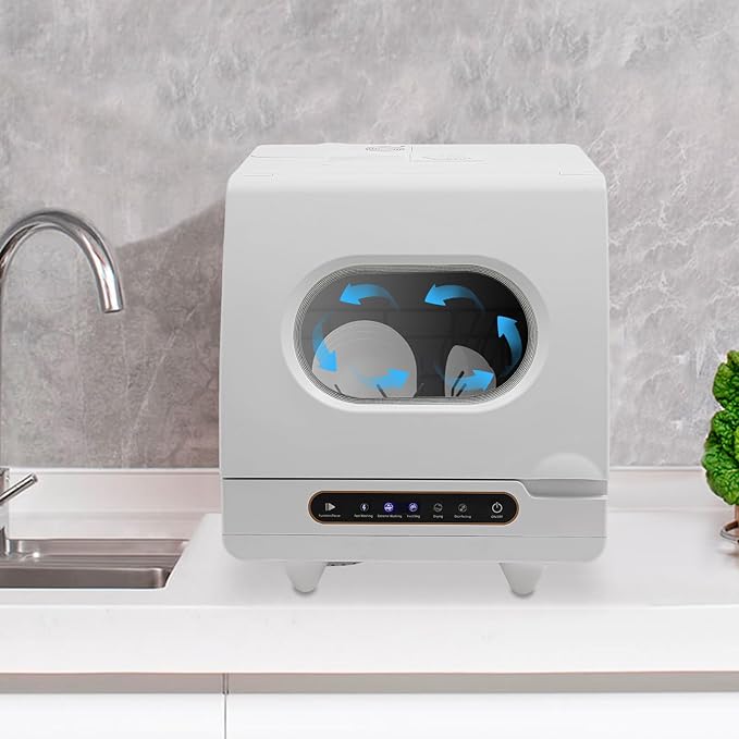 Portable Tabletop Dishwasher, 800W Dishwasher with 5 Washing Programs, Compact Dish-washer with 360° Rotating Spray, High-Temperature Water+Hot Air Circulation Drying, for Home, Apartments& RVs, White