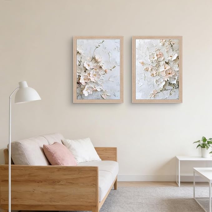 Framed 3D Floral Canvas Wall Art Textured Floral Oil Painting Modern Neutral