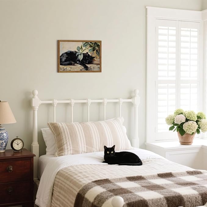 Framed Black Cat Canvas Wall Art, Vintage Sleeping Cat