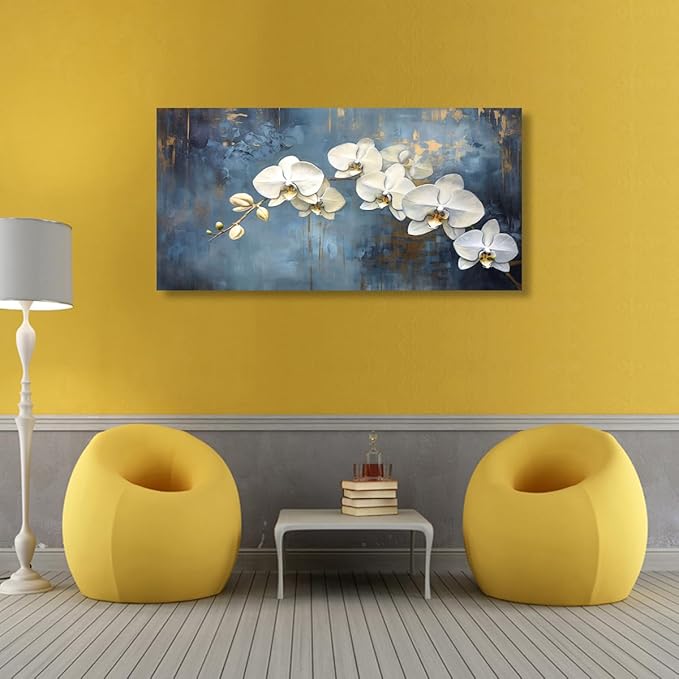 Abstract White Butterfly Orchid Canvas Wall Art for Living room Office Bedroom Flowers Wall Art Print Oil Paintings Modern Blue Gold Rain Mist Pictures Wall Decor Artwork Ready to Hang - 20in * 40inch