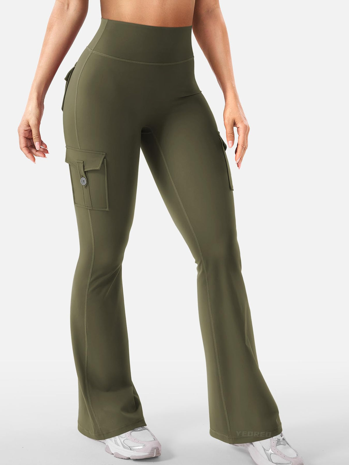 YEOREO CoreFlex Women Workout Flare Leggings with Pockets Hidden Scrunch Cargo Gym Yoga No Front Seam Leggings Army Green S