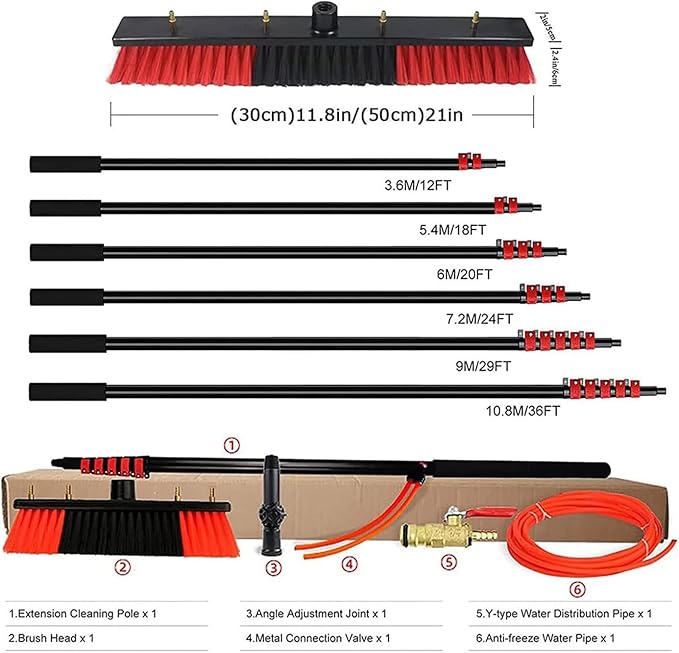 Window Cleaner Kit, Roof Cleaning Tools, With Extension Pole 30Ft/9M Telescopic Window Washing Equipment With Bendable Head For Cleaning Home Windows Glass Cars Solar Panel Clean,30cm Brush Head,6m(2