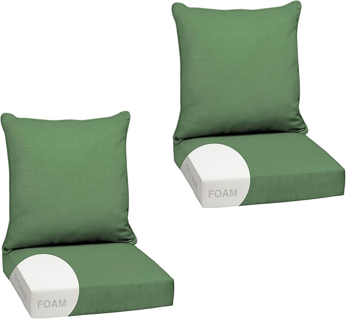 Arden Outdoor Foam Deep Seat Cushion Set (2-Pack), 24x24, Premium High-Density Foam, Never Flattens, Weather-Proof for Patio Chair Sofa Couch, Bright Moss Green Leala