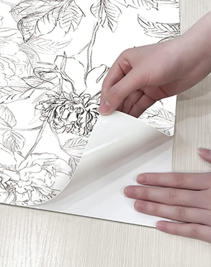 JiffDiff Floral Wallpaper Black & White Peel and Stick Vintage Peony Wall Paper