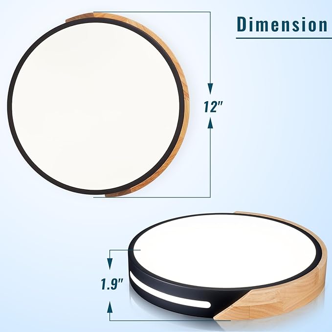 Black and Wood Flush Mount Ceiling Light Fixture Set of 2, Dimmable LED Ceiling Light Black, Modern Light Fixture Ceiling Mount for Bedroom, Living Room, Kitchen, Bathroom, Hallway