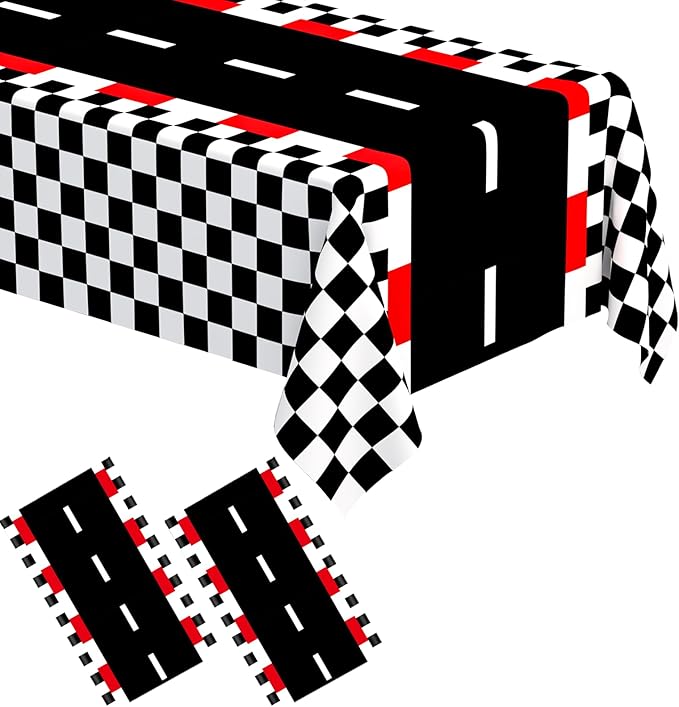 WNINK 2 PCS Racing Car Theme Tablecloths Car Disposable Plastic Tablecloths Black Checkered Flag Table Covers Racetrack Rectangular Tablecloth for Race Car Birthday Party Decorations, 54 x 108 Inch