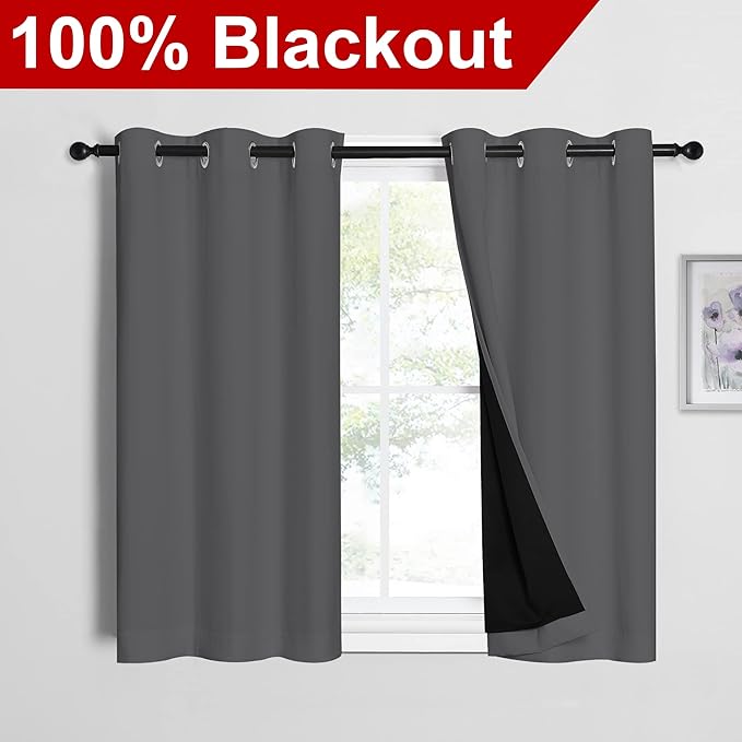 NICETOWN Grey 100% Blackout Room Warming Curtains 45 inches Long, Thermal