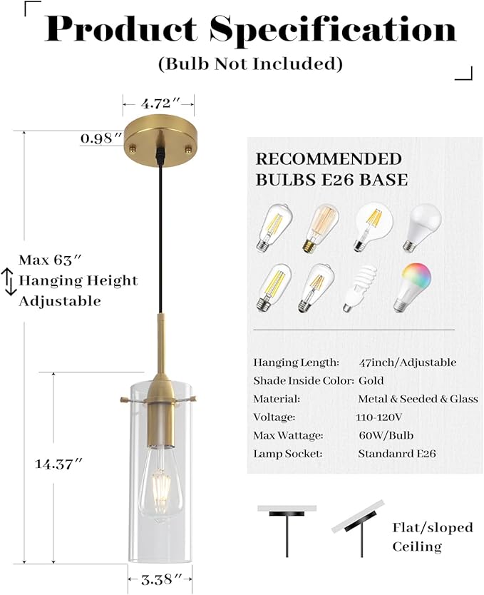 Blown Glass Pendant Light, Gold Pendant Light Kitchen Island 1 Pack, Glass Kitchen Pendant Lights, Island Pendant Lights for Kitchen, Living Room, Dining Room, Bar