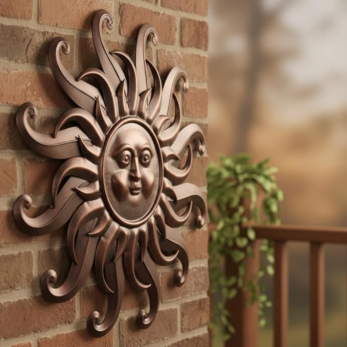 Comfy Hour 25" Bronze Metal Sun Face Wall Art, Antique Vintage Celestial Figurine Style Home Decor, Large Outdoor Garden Sculpture, Patio 3D Decor, Farmhouse Rustic,