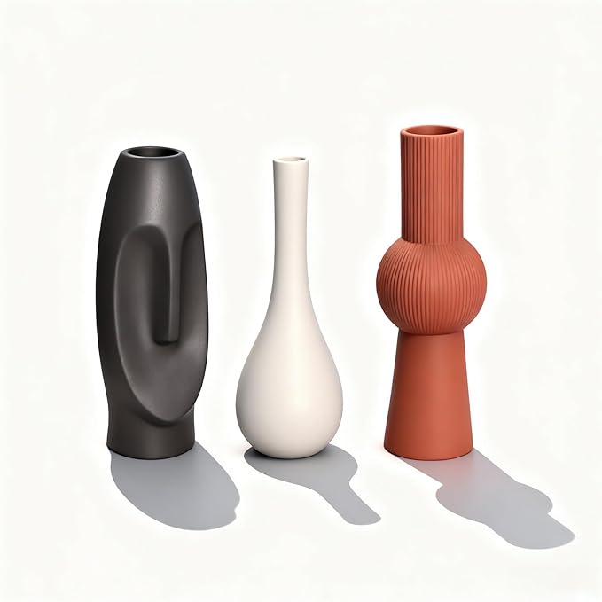 Modern Ceramic Vase Set of 3 with Creative Easter Island Moai Abstract and Grooved/Teardrop Design, Perfect for Pampas Grass, Fall Decor, Boho and Farmhouse Home Living Room Decor
