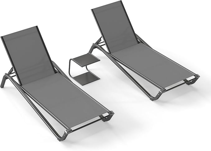 3-Piece Patio Chaise Lounge Set with Side Table, Set of 2 Adjustable Pool Chairs and Aluminum Bistro Table, All-Weather Outdoor Furniture for Pool Deck, Patio & Tanning, Grey