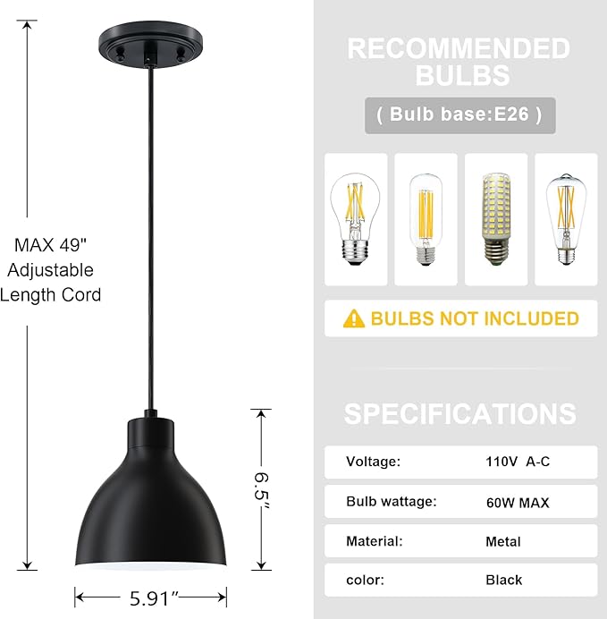 3 Pack 1 Light Industrial Hanging Indoor Mini Pendant Ceiling Light Fixtures Black Finish for Bar Dining Room Corridor Living Room Kitchen Island