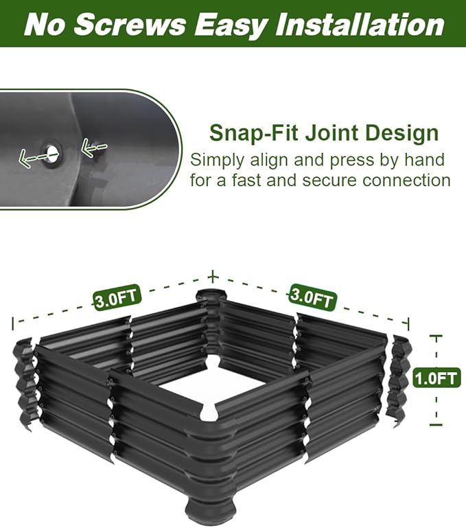 3x3x1ft Raised Garden Bed Kit for Outdoors, Rustproof PP Raised Planter Box, Large Garden Box Flower Bed with Press-Fit Assembly, Gardening Containers for Vegetables Flowers Herbs, Balck