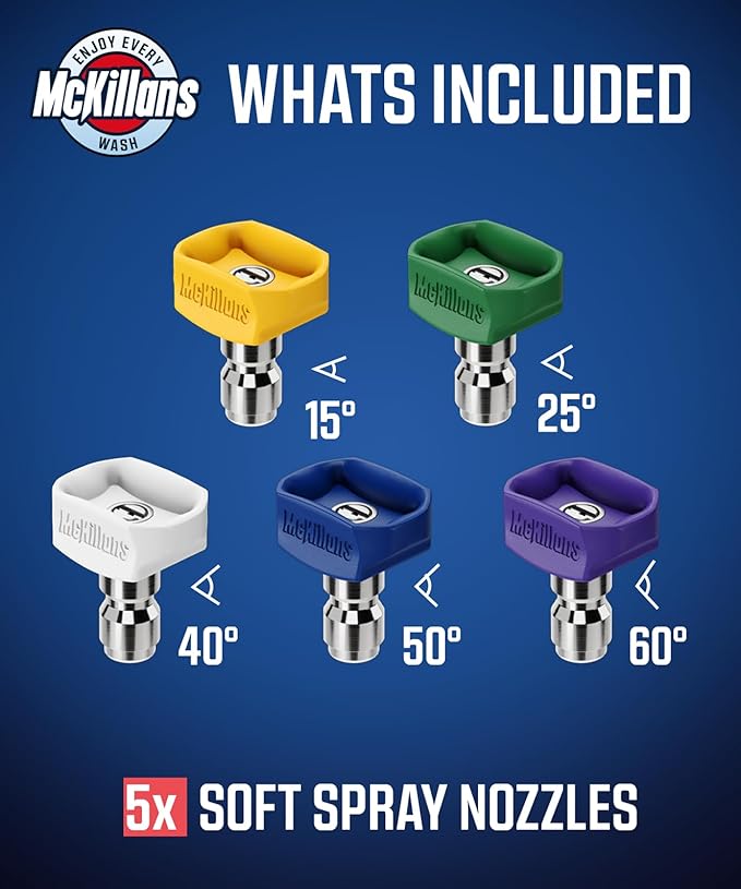 McKillans® 2026 Soft Pressure Washer Nozzle Tips - Fast Rinse - New Spray Angles 60° 50° 40° 25° 15° - Easy-Grip Design - 304 Stainless Steel - 1/4" Quick Connect - Power Washer Tips Set (3.0 Orifice)