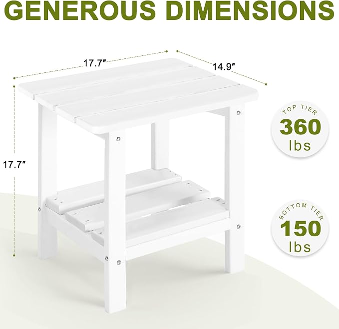 Adirondack Outdoor Side Table, 2-Tier Small Patio End Table, Weather Resistant HDPE Outdoor End Tables for Garden, Lawn, Pool, Beach, Porch, Deck, Backyard - Square, White