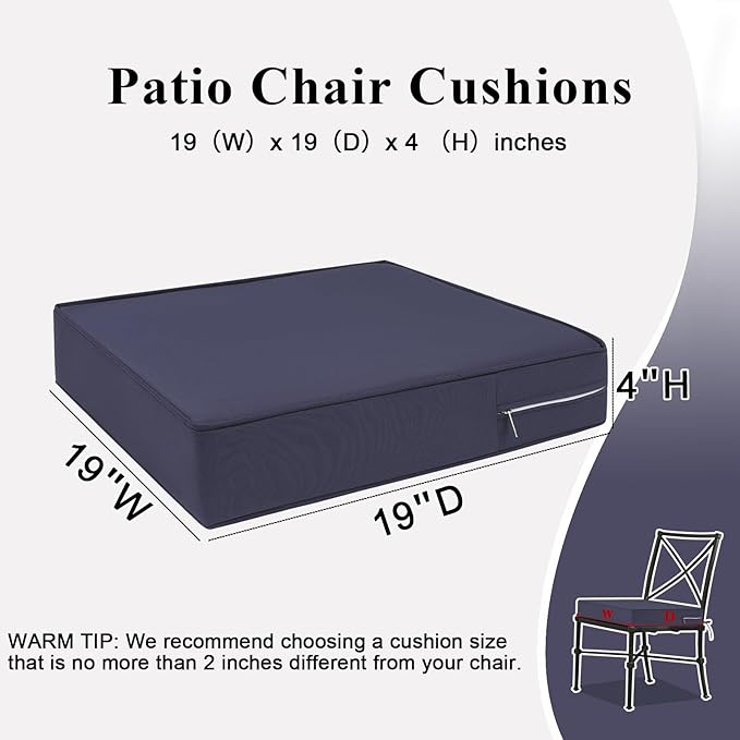 Outdoor Chair Cushions 19x19x4 Inch, Waterproof Grey Patio Furniture Cushions Set of 2 with Ties & Handle, 3 Year Color Fastness Square Replacement Seat Cushions for Sofa, Couch