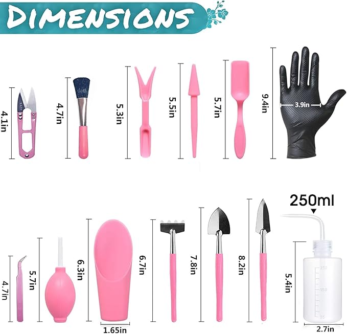 Melphoe 25Pcs Mini Garden Hand Transplanting Succulent Tools Set, 39.4" Thickened Repotting Mat & Plant Tag, Miniature Planting Indoor Fairy Care, Potting, Cactus, Houseplant Bonsai Tool Kit (Pink)