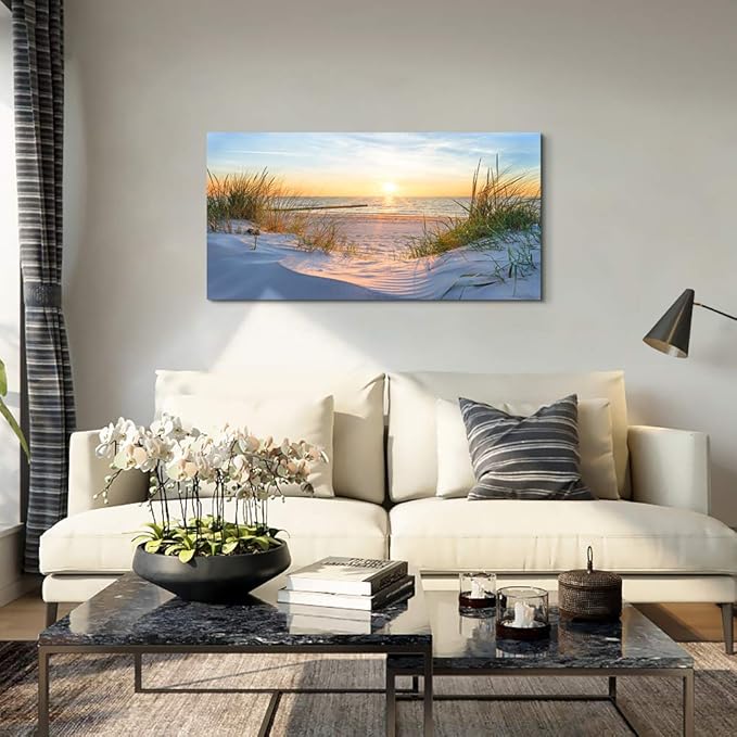 Wall Art For Living Room Large Size Wall Decorations Pictures Blue Sun Beach Grass Ocean Landscape Painting Office Wall Decor Canvas Prints Ready To Hang For Home Decoration Works Of Art 24" X 48"