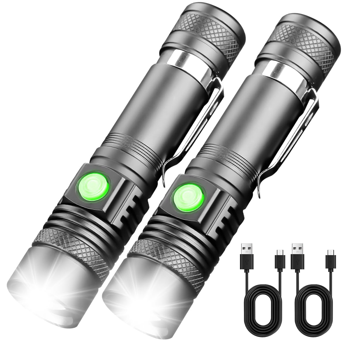 NAKCNM 2 Pack High Lumens LED Flashlight, Rechargeable Super Bright Torch with Adjustable Focus, USB-C Charging, Small Pocket-Sized Flashlight for Camping, Hiking & Home Emergency