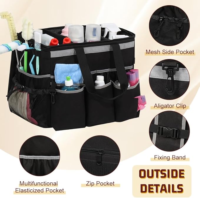 Rolling Cleaning Caddy, Cleaning Supplies Organizer with Cleaning Caddy Apron, Large Cleaning Caddy Bag with Detachable Trolley, Handles and Shoulder Strap for Cleaners Housekeepers, Black