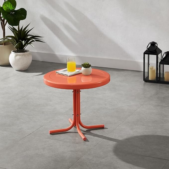 Crosley Furniture Griffith Weather Resistant Retro Metal Outdoor Side Table for Patio, Deck, Porch, Coral Gloss