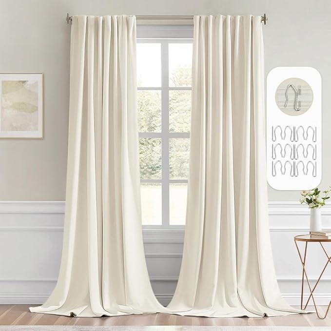 MIULEE Beige White Back Tab Blackout Curtains 120 Inch Long 2 Panels Set