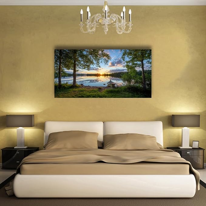Tree Canvas Wall Art of a Sunrise Over a Forest Lake 24x48inches Nature Inspired Painting Perfect for Wall Decoration in Living Room and Bedroom Trees and Landscape Picture Artwork Prints