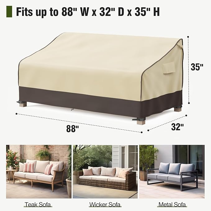 MR. COVER 3-Seater Outdoor Couch Cover Waterproof, 90 Inch Patio Furniture Covers Waterproof with All Weather Protection, Heavy Duty Outdoor Sofa Covers with Air Vent and Handles, Brown & Khaki
