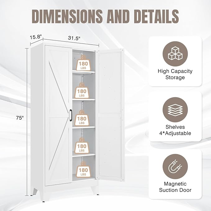 Yizosh Metal Storage Cabinet with Doors and 4 Adjustable Shelves - 75" White Kitchen Pantry Storage,4-Tier Tall Steel Cabinet Locker for Kitchen,Living Room,Dining Room