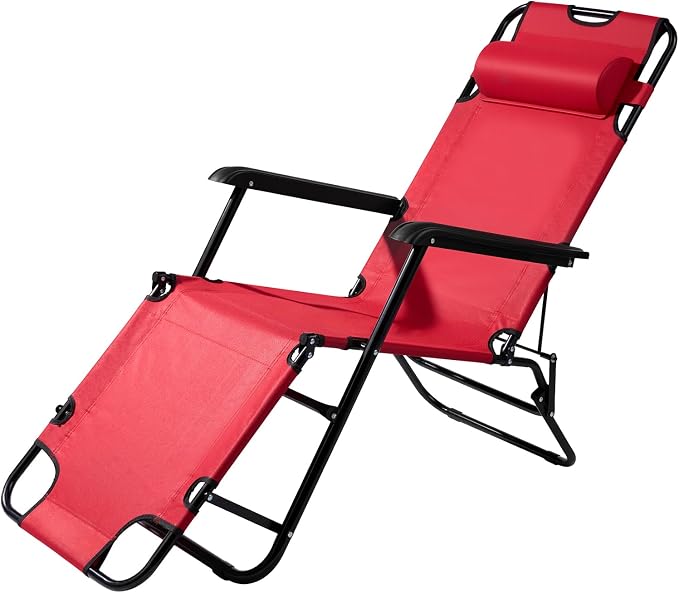Outdoor Folding Chaise Lounge Chair, Patio Sun Lounger Reclining Beach Chair Sun Patio Pool Lawn Recliner Chair (Red)