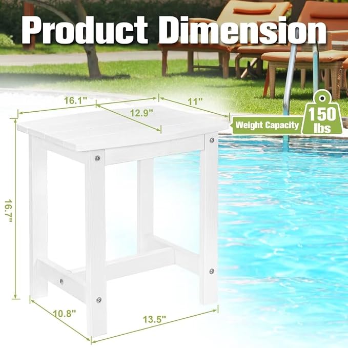 Y&M Outdoor Side Table, HIPS Adirondack Small Single Table, Waterproof Square Outside Table, Balcony Modern End Tables for Patio, Pool, Beach, Porch, Deck, Indoor or Outdoor Use, White
