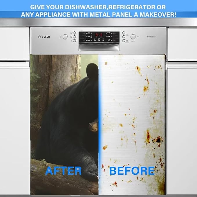 Forest Animal Bears Kitchen Dishwasher Cover Decoration, Mother Bear with Two Cubs Dishwasher Panel Decal, Black Bear Refrigerator Front Door Cover 23" x 26" Ordinary