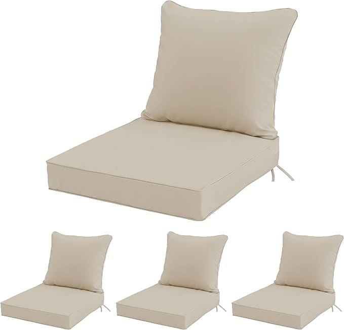 24x24 Inch Outdoor Chair Cushions Set of 4, Patio Furniture Cushions - Removable Cover, Water-Repellent, Fade-Resistant, Non-Slip Bottom & Straps, Replacement for Deep Seat Sofa & Couch - Cream