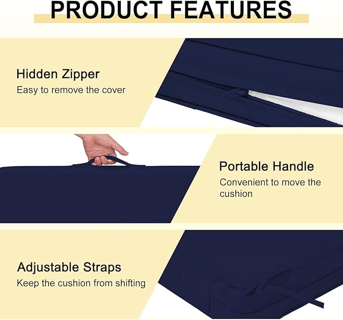 downluxe Waterproof Outdoor Chair Cushions Set of 2, 19" x 19" x 3" Patio Chair Cushion with Non-Slip Ties & Handle, Square Outdoor Cushion for Patio Furniture with Removable Cover, Navy
